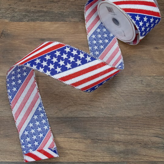 Patriotic Stars & Stripes Flag Wired Craft Ribbon, 2.5" x 10yd.
